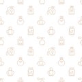 Perfume bottles beige seamless pattern. Vector white background included line icons as glass sprayer, luxury parfum