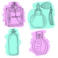 Perfume bottles with colorful brushstrokes. Vector set.