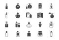 Perfume bottles flat icons. Vector illustration included icon as glass sprayer, luxury parfum sampler, essential oil