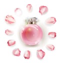 Perfume bottles and flower rose, petals and pearls. 3D illustration. Vector Royalty Free Stock Photo