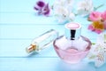 Perfume bottles with flowers on blue background, top view Royalty Free Stock Photo