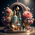 Perfume bottles and flowers elegantly arranged on a table Royalty Free Stock Photo
