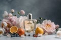 Perfume bottles, flowers and fruits on light background. Generative AI Royalty Free Stock Photo