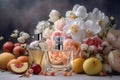 Perfume bottles, flowers and fruits on light background. Generative AI Royalty Free Stock Photo