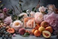 Perfume bottles, flowers and fruits on light background. Generative AI Royalty Free Stock Photo