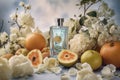 Perfume bottles, flowers and fruits on light background. Generative AI Royalty Free Stock Photo