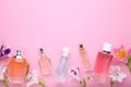 Perfume bottles with flowers on pink background, copy space Royalty Free Stock Photo