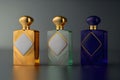 3 Perfume bottles gold, green and blue on dark background. Mockup. AI Generative Royalty Free Stock Photo