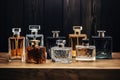 Perfume bottles in groupings on wooden table. AI Generated