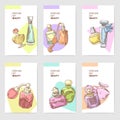 Perfume Bottles Hand Drawn Cards Template. French Aroma. Woman Beauty Shop Leaflet