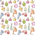 Perfume Bottles Hand Drawn Seamless Background. French Aroma Pattern. Woman Beauty Shop Design