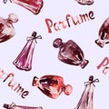 Perfume bottles, hand painted watercolor illustration, inscription `Parfume` in French Royalty Free Stock Photo