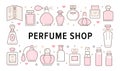 Perfume bottles horizontal poster with pink line icons. Vector horizontal illustration included icon glass sprayer