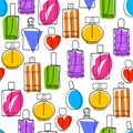 Perfume bottles icons seamless pattern. Eau de parfum.