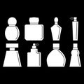 Perfume bottles isolated icons set on black background with fragrance, spray and scense. Vector illustration. Clipart and drawing. Royalty Free Stock Photo