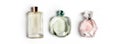 Perfume bottles on light background. Perfumery, cosmetics, fragrance collection. Banner for website. Royalty Free Stock Photo