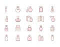 Perfume bottles line icons. Vector illustration included icon as glass sprayer, luxury parfum sampler, essential oil