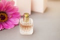 Perfume bottles with pink flower on light background. Perfumery, cosmetics, fragrance collection. Flat lay. Copy space. Royalty Free Stock Photo