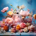 Perfume bottles with pink, orange and white flowers on blue background. Floral fragrance Royalty Free Stock Photo