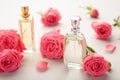 Perfume bottles with pink roses on grey Royalty Free Stock Photo