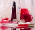 Perfume bottles, red lipstick, feather, rose Royalty Free Stock Photo