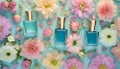 Perfume bottles surrounded by flowers seen from above in pastel colors on a turquoise background. Royalty Free Stock Photo