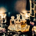 Perfume bottles and vintage fragrance at night, aroma scent, fragrant cosmetics and eau de toilette as luxury beauty brand, Royalty Free Stock Photo