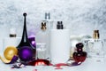 Perfume and Christmas decorations Royalty Free Stock Photo