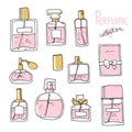 Perfume collection. Doodle glass bottles set. Vector illustration