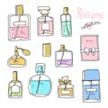 Perfume collection. Doodle glass bottles set. Vector illustration