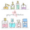 Perfume collection stand on a shelf. Doodle glass bottles set.