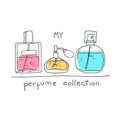 Perfume collection stand on a shelf. Doodle glass bottles set.