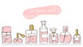 Perfume collection stand on a shelf. Doodle glass bottles set. Vector illustration.