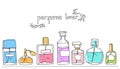 Perfume collection stand on a shelf. Doodle glass bottles set. Vector illustration.