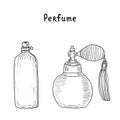 Perfume collection. Vintage perfume bottles. Perfume spray with tassel and futuristic fragrance can with a star