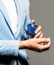 Perfume or cologne bottle. Male fragrance and perfumery, cosmetics. Man perfume, fragrance. Masculine perfume. Man