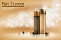 Perfume contained on bronze background with soft bokeh. Poster for the promotion of moisturizing and nourishing cosmetic