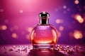 Perfume or cosmetic glass bottle on purple background. ai generative