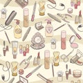 Perfume and cosmetics accessories performed in hand drawn style with watercolor spots seamless pattern background illustration Royalty Free Stock Photo