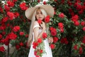 Young beautiful woman in a hat, near a large bush of red roses in the spring garden outdoors Royalty Free Stock Photo