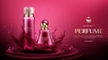 Perfume deodorant bottles on water splash backdrop