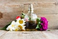 Spa perfume essential aroma oil glass bottle with flower blossoms on old wooden background Royalty Free Stock Photo