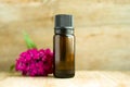 Spa perfume essential aroma oil glass bottle with flower blossoms on old wooden background