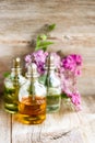 Spa perfume essential aroma oil glass bottles with flower blossoms on old wooden background Royalty Free Stock Photo