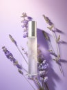 Perfume essence bottle and Fresh lavender flowers on purple background with leaf shadows. Perfume template. Advertising poster for