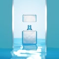 Perfume face lotion in a bottle on a wet blue background in water, skin care. Natural perfumes, cosmetics, moisturizing. 3d render Royalty Free Stock Photo