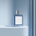 Perfume flacon on blue platform, mockup for product display Royalty Free Stock Photo