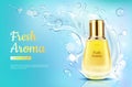 Perfume fresh aroma in glass bottle, water splash.