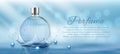 Perfume glass bottle light blue package design on blue background with glittering bokeh elements