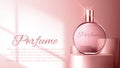 Perfume glass bottle light pink package design on pink background with glittering bokeh elements